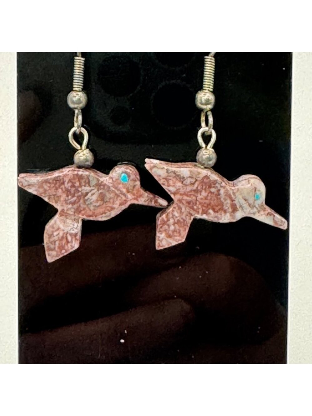 Vtg Fetish Hummingbird Carved Pink Agate Bird Dangle Earrings Sterling Silver